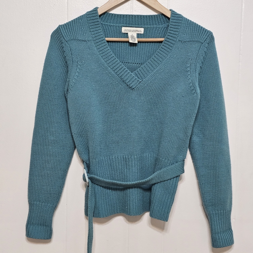 Banana Republic Teal Belted V-Neck Knit Sweater Preppy Cottagecore Small